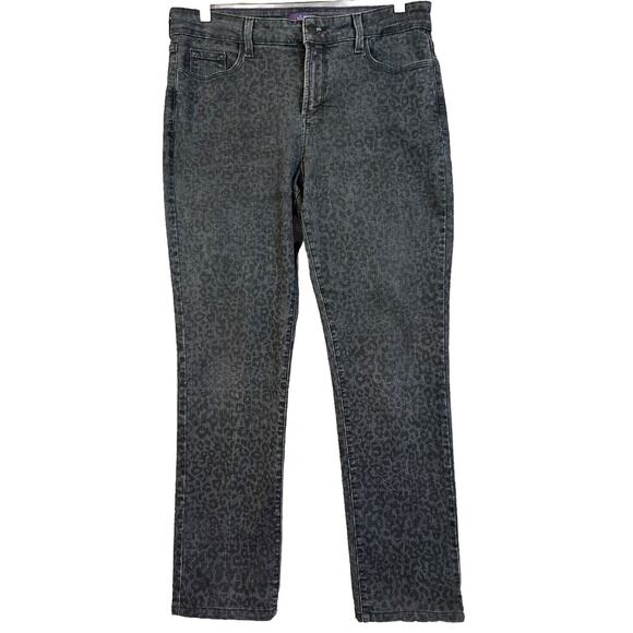NYDJ Jeans Women's 12 Straight Mid-Rise Leopard Print Charcoal Stretch Denim - Picture 1 of 11